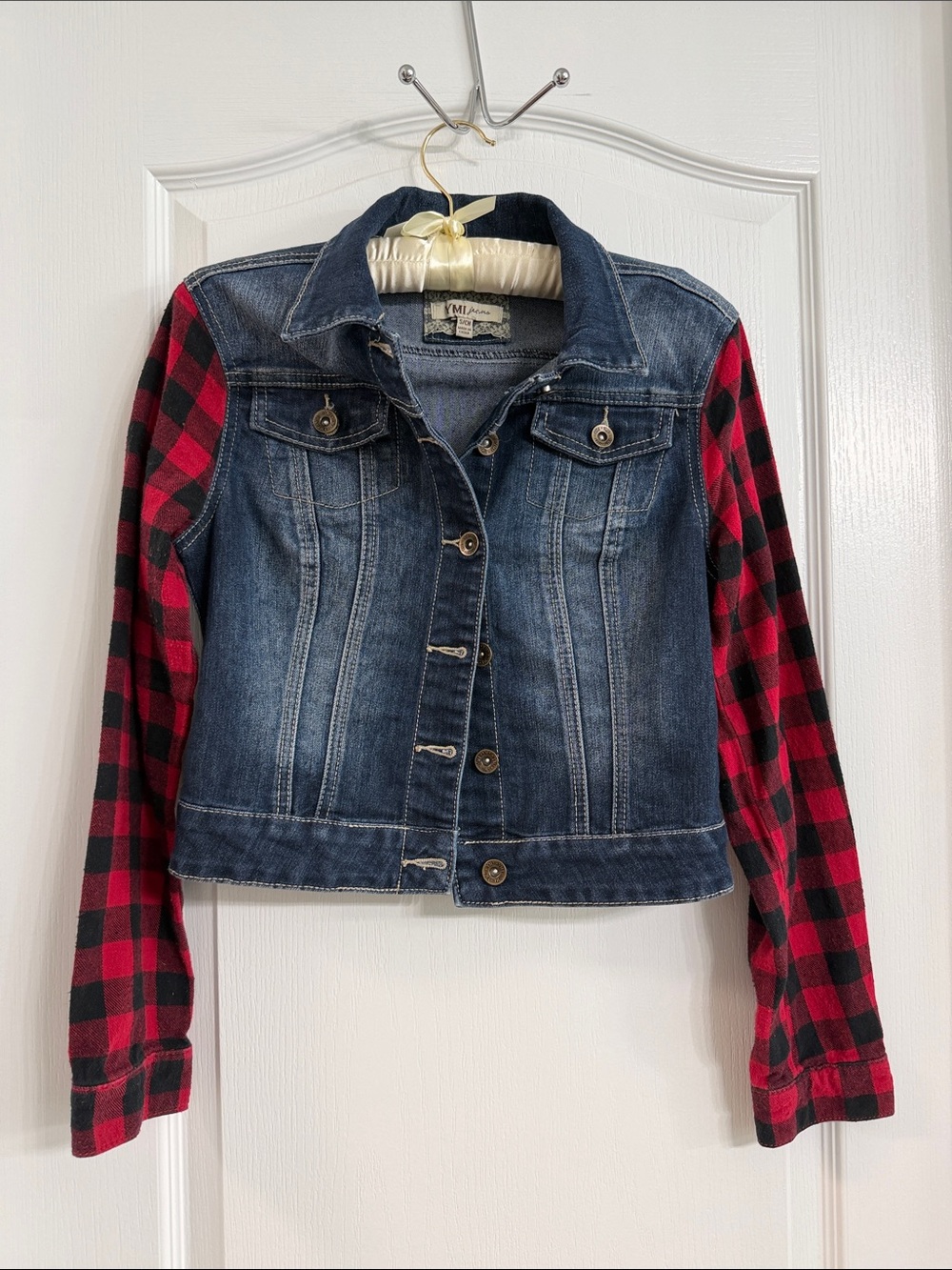 YMI Blue Denim Jacket with Red and Black Plaid Sleeves. Size small